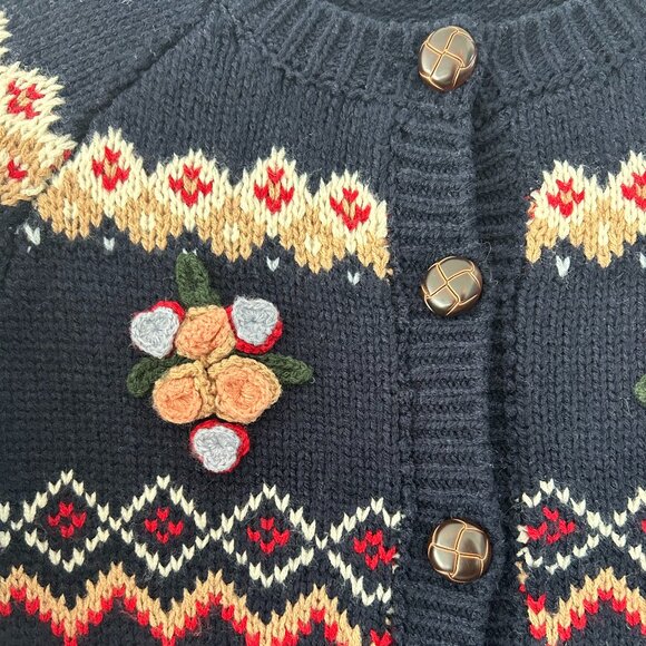 Mak Holiday Pattern Knit Crewneck Button Down Long Sleeve Sweater - Picture 2 of 4